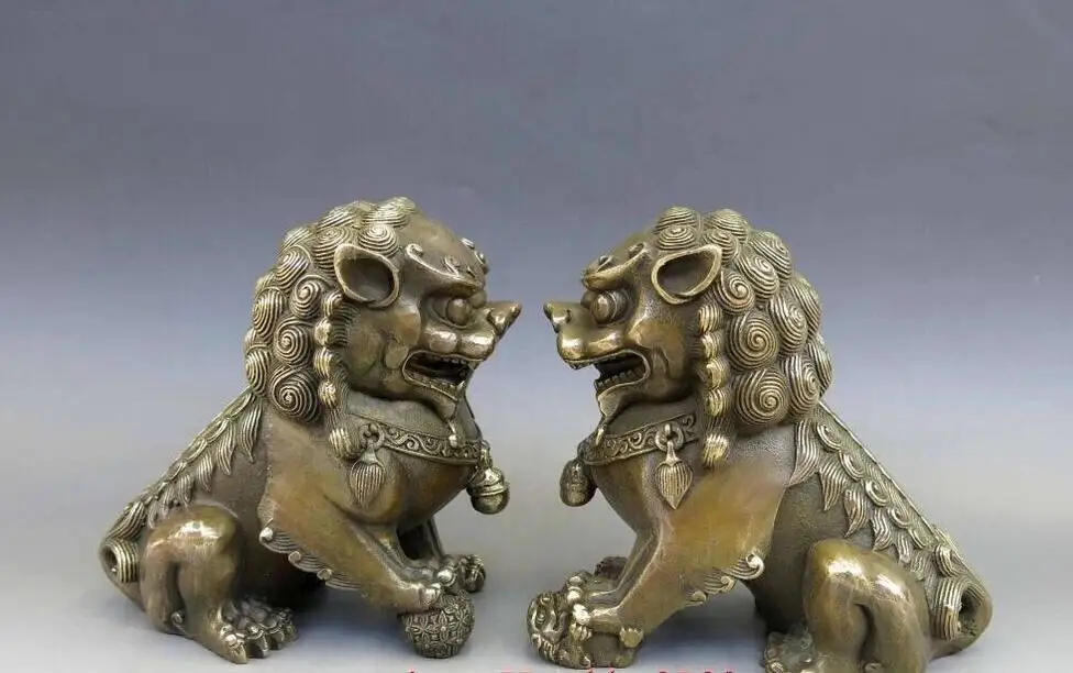 Chinese Brass Copper Animal Feng shui Foo Dog Lion town house Statue pair