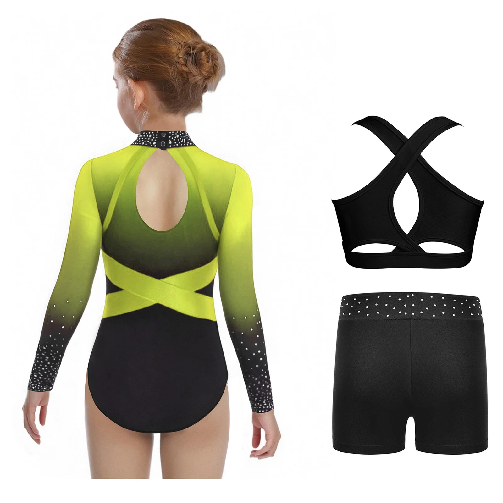 Kids Girls Gymnastics Dance Outfit Long Sleeve Sparkling Rhinestones Color Block Leotard with Cross Back Vest And Shorts