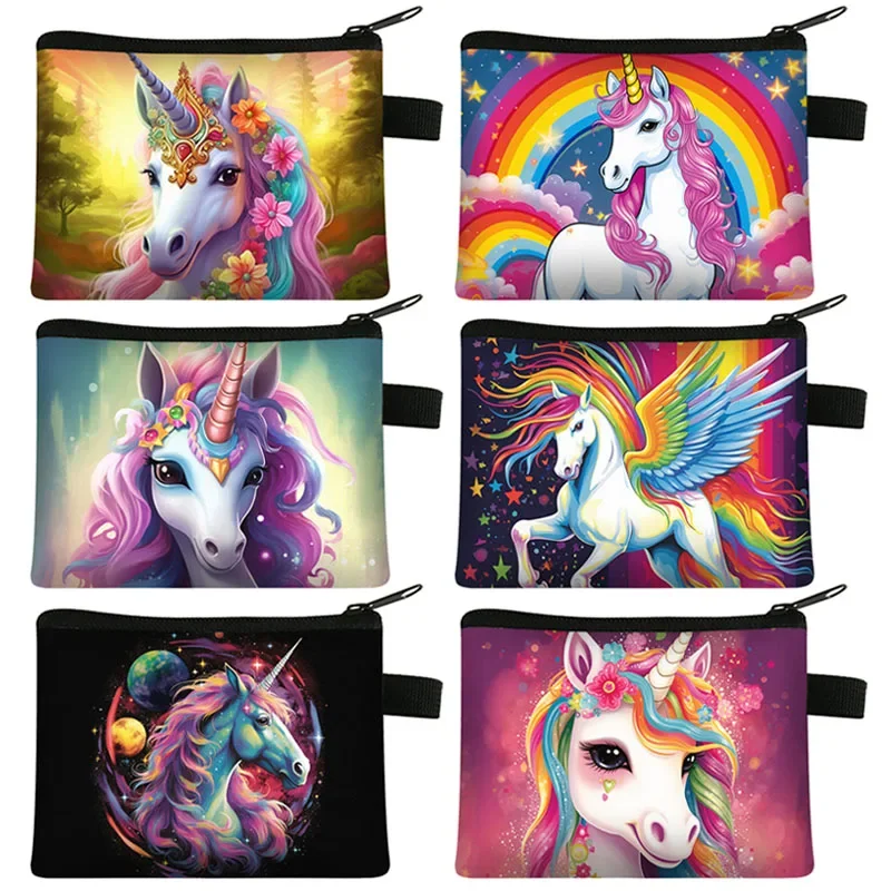 Cute Cartoon Unicorn Print Coin Purses Fantasy Rainbow Colorful Coin Bag Girl Kawaii Keys Credit Card Holder Small Wallet Gift