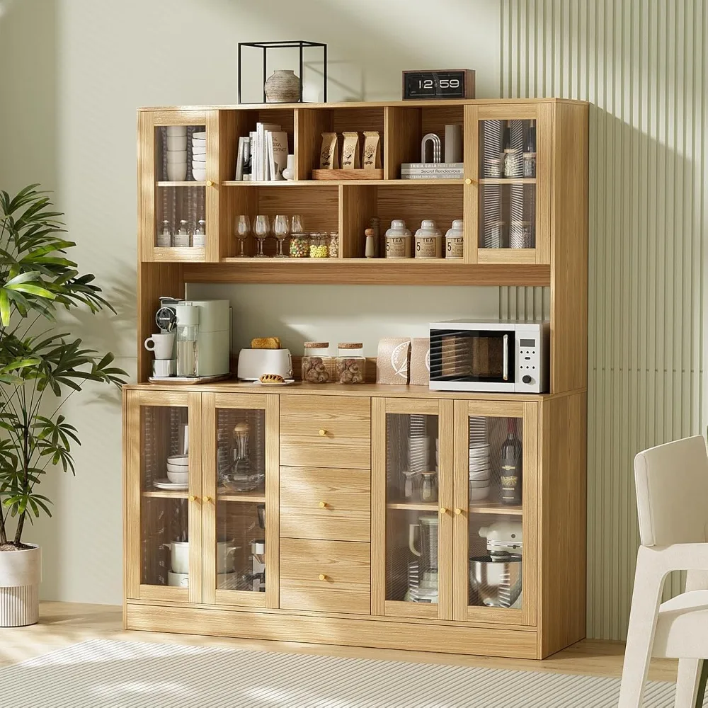 

"Freestanding Kitchen Hutch Cabinet with Six Glass Doors, Three Drawers, and Microwave Shelf for Open Storage"