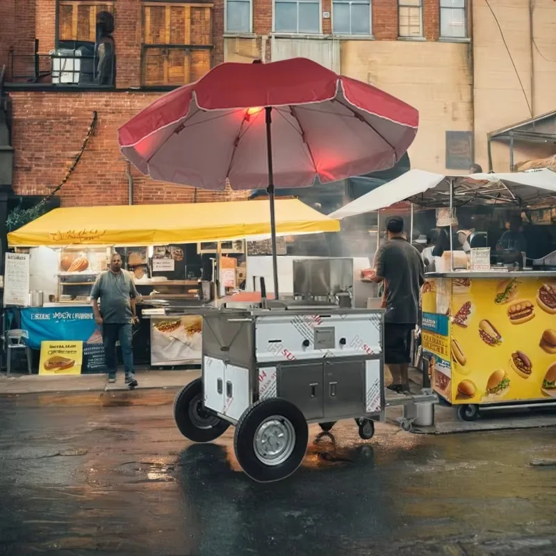 Commercial Mobile Hamburger Cart Wheeled Stainless Steel Food Trolley Hot Dog Stand for Seafood Barbecue Customized