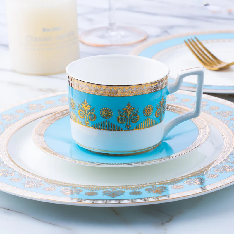 

European style ceramic fashionable Western tableware set, creative gold border home steak plate, coffee cup