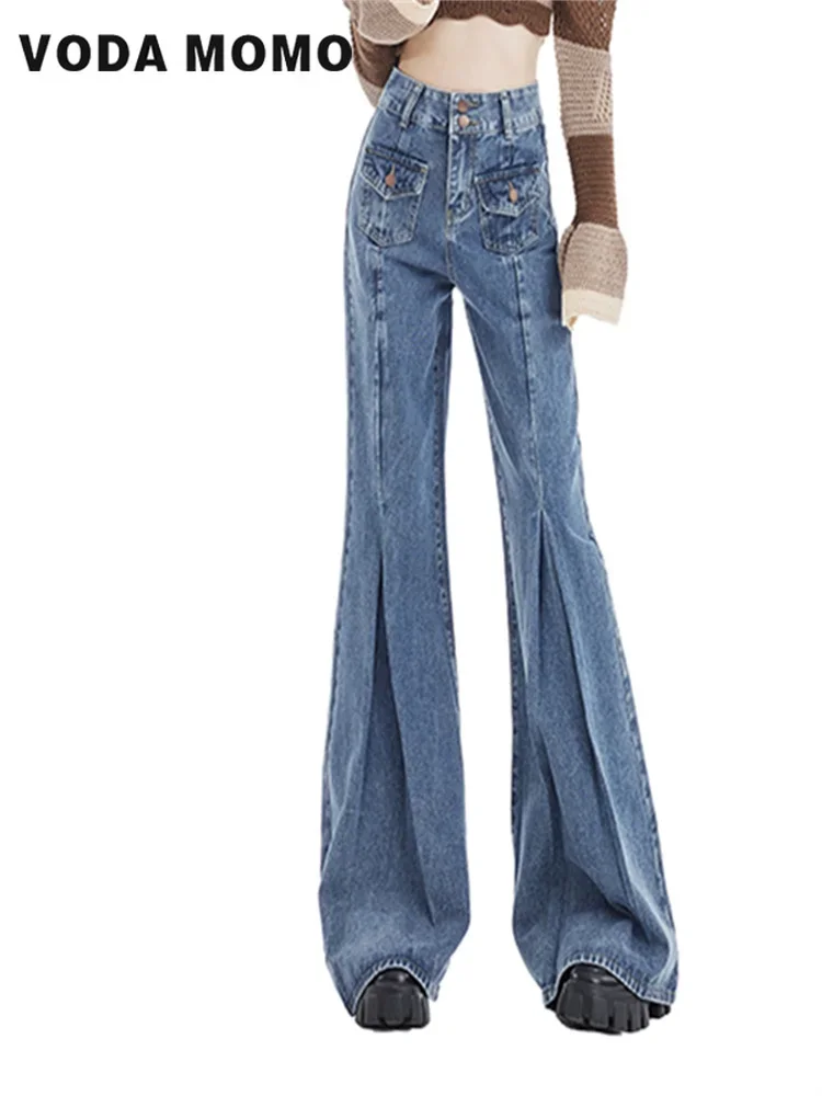 

Y2K Брюки-клеш Ретро Джинсы Широкие брюки для женщин Уличная одежда Мешковатые джинсы с высокой талией Harajuku Свободные повседневные женские брюки