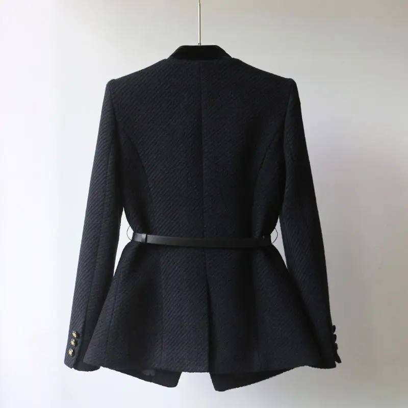 Women's coarse tweed standing collar long sleeved jacket 2026 spring and autumn waist cinched small fragrant style top