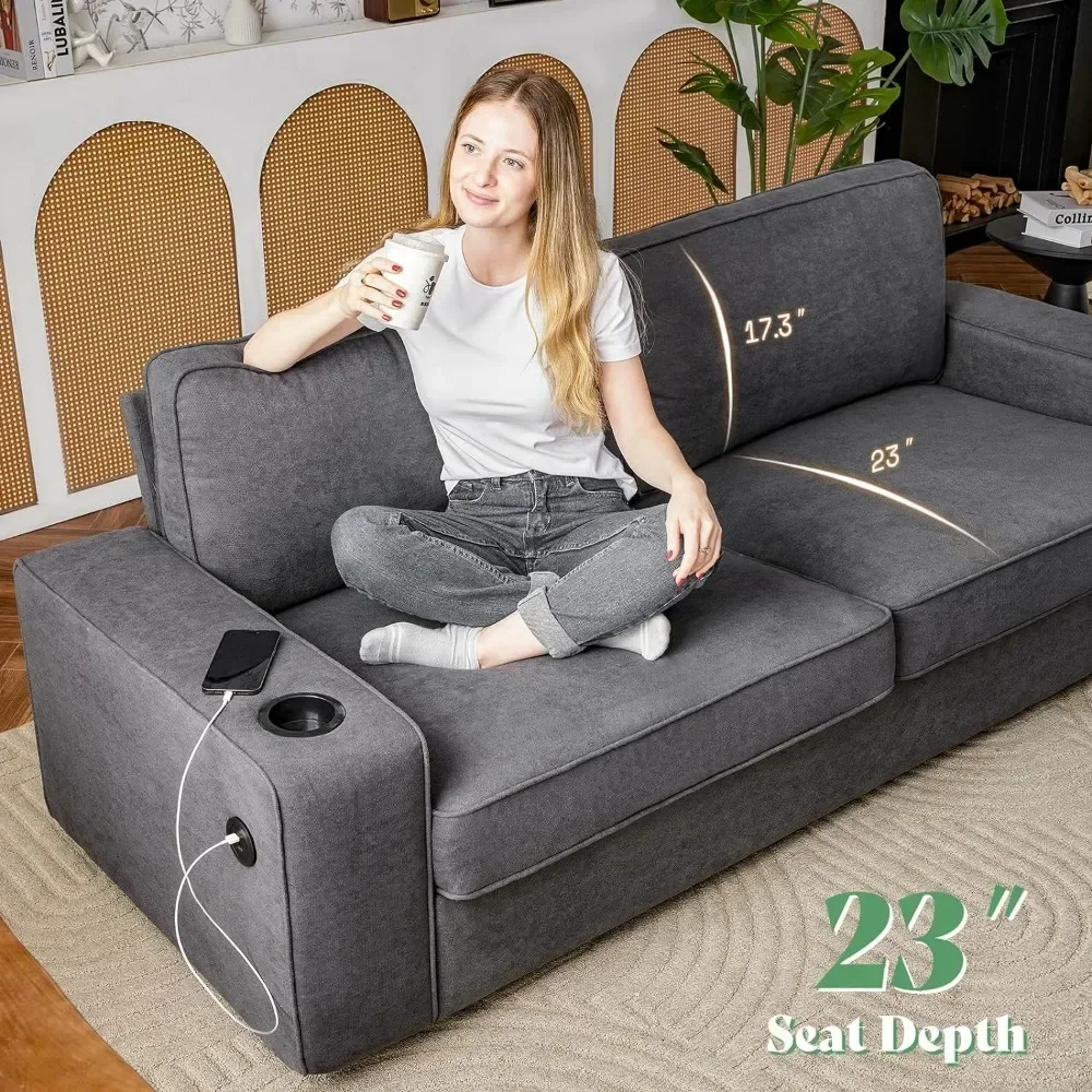 3-Seater Sofa Couch- Deep Seat Sofa with 2 USB Charging Ports & 2 Cup Holders, Modern Sofas for Living Room