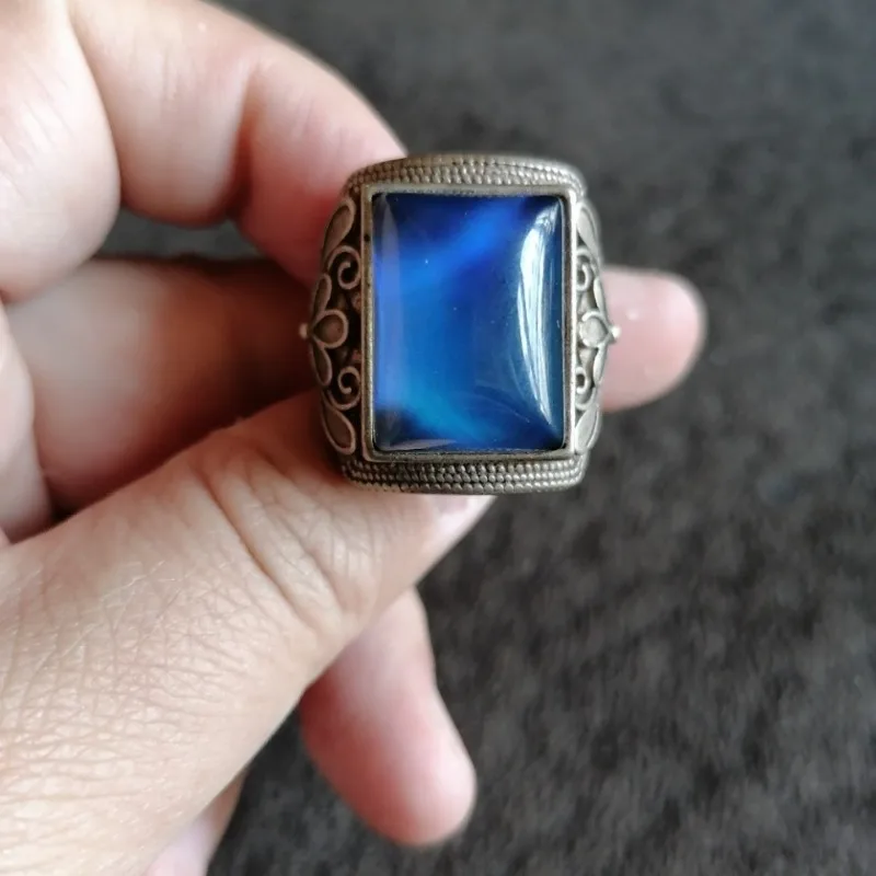 Vintage Tibetan Silver Ring,Color-Changing Gem,Antique Patina,Adjustable,Inner Diameter 20.5mm,25g,Collectible Jewelry Wholesale