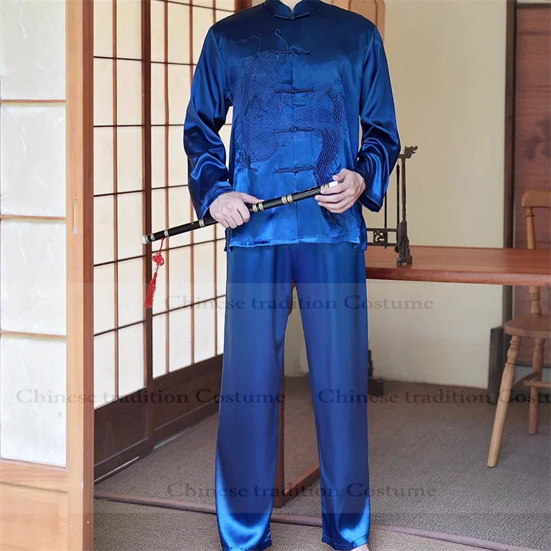 التقليدية الصينية تانغ دعوى الكونغ فو فنون الدفاع عن النفس 2 قطعة قميص السراويل الأصفر التنين التطريز Taichi زي طويلة الأكمام الزي #2