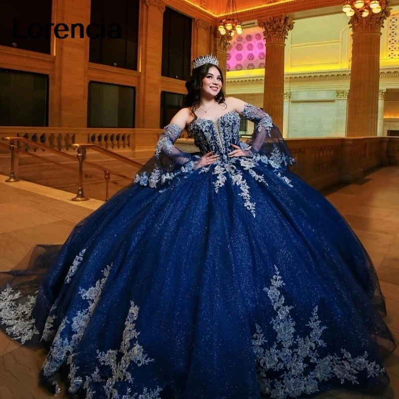 Customized Navy Blue Quinceanera Dress Ball Gown Lace Applique Long Sleeve Beading Mexican Sweet 16 Vestidos De 15 Años YQD821