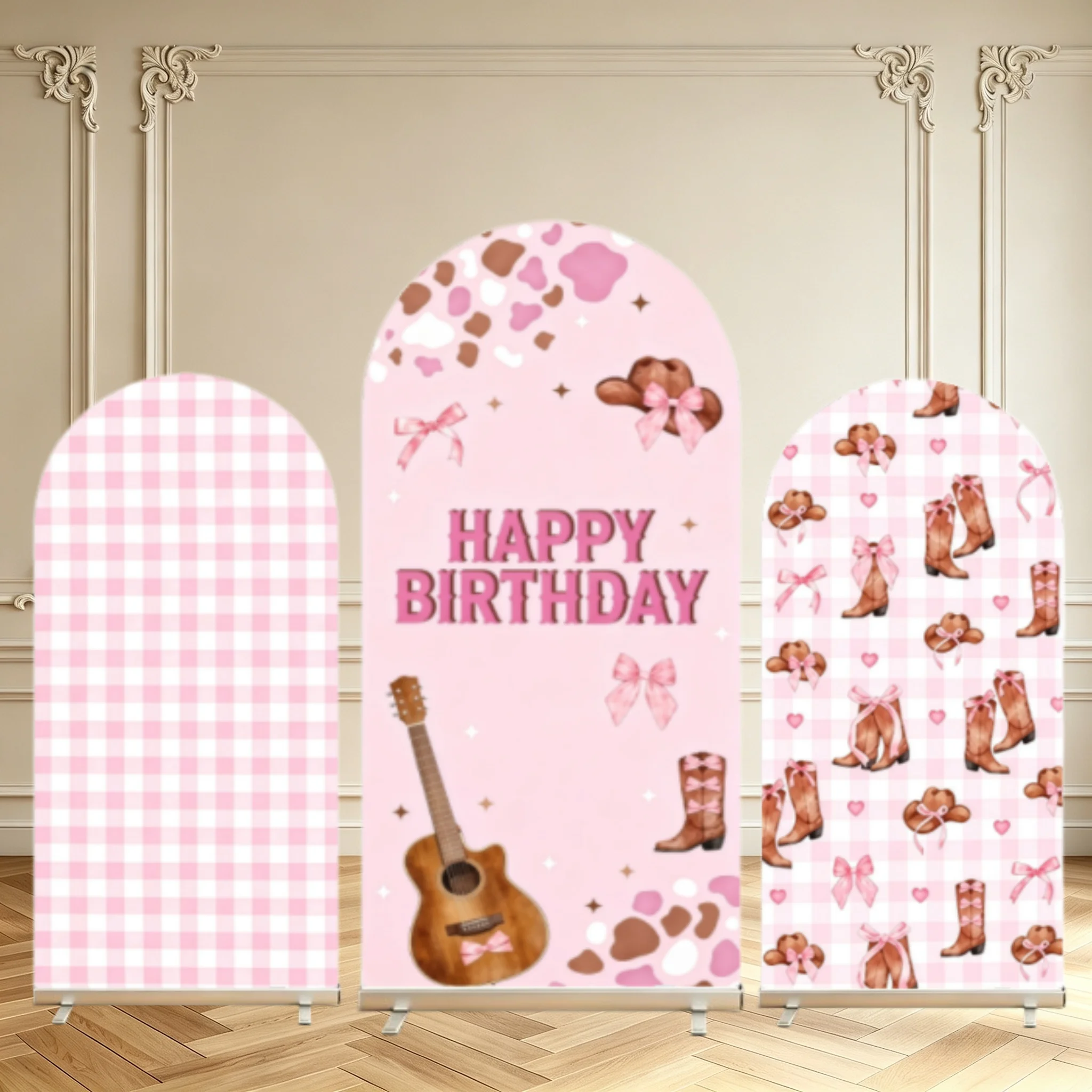 Western Cowgirl Arch Backdrop Cover Pink Gingham Cowgirl Boots Hat Guitar Girls Birthday Decoration Double Sided Arch Covers