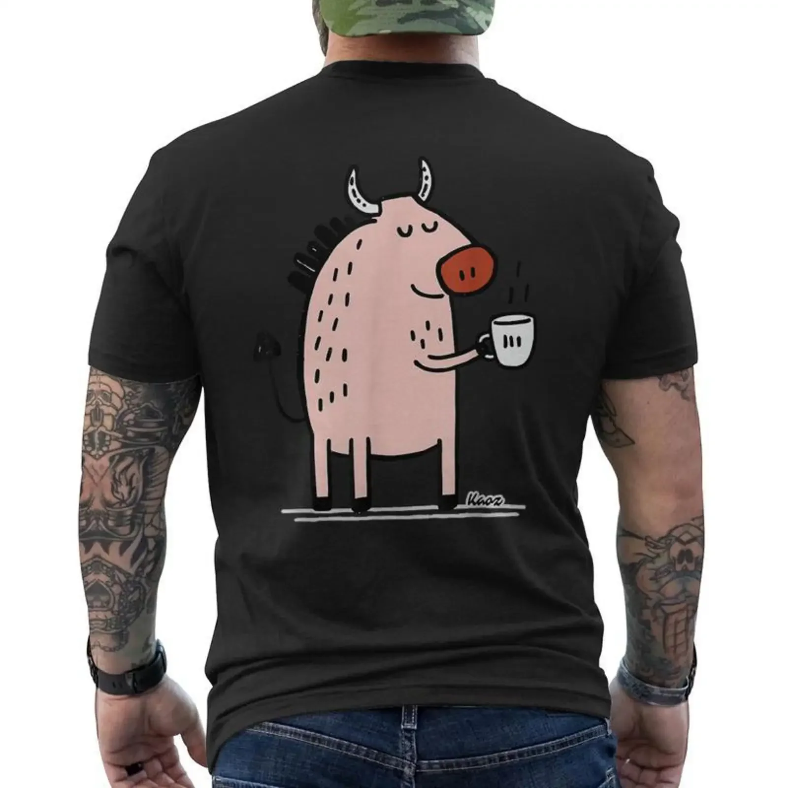 Vache Mignonne Avec Tasse De Café Cartoon Minimal Matin T shirt imprimé au dos Cadeauxyz vintage Washed Top For Everyday Wear