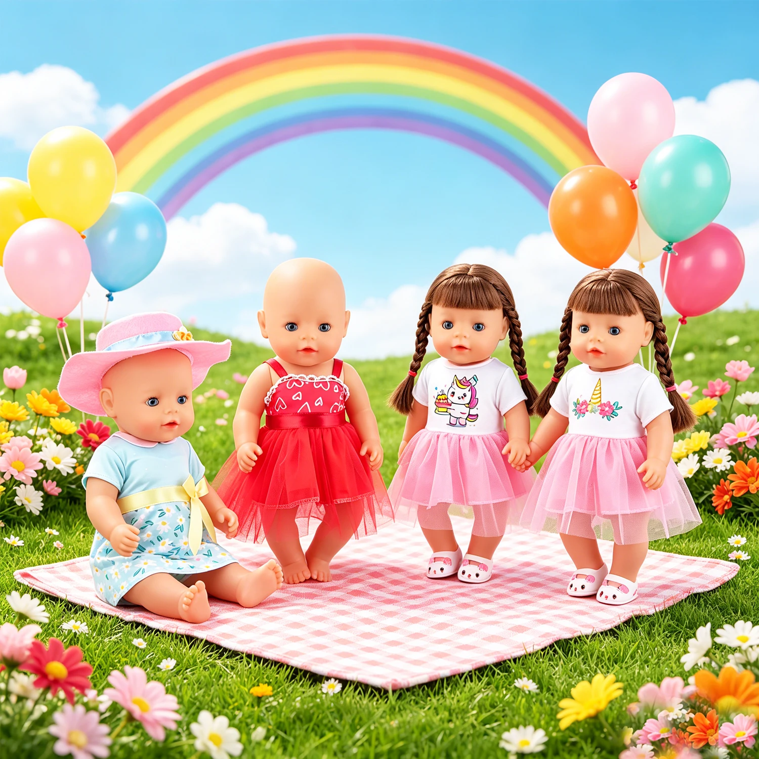 Cute Daisy Print 18 Inch American Doll Dress with Sun Hat Light Blue Summer Outfit for 43cm Baby Newborn Girl Dolls Picnic Play