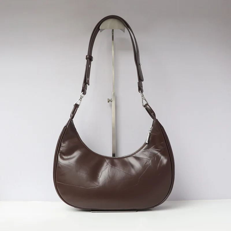 

New cross-border high-quality niche crescent bag for commuting retro pleated top layer cowhide armpit bag, women's crossbody bag