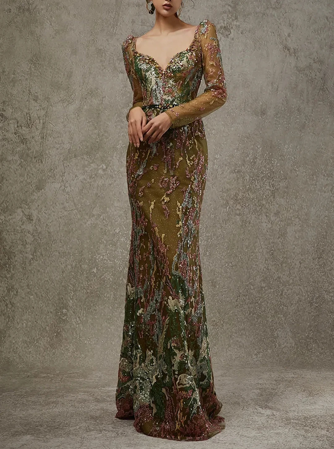 Olive green embroidered sequin lace two-piece dress