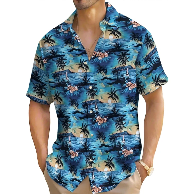 Summer Men's Shirt Coconut Tree Print Short Sleeve Tops Retro Casual Hawaiian Shirts For Men Loose Oversized 2024 New Top