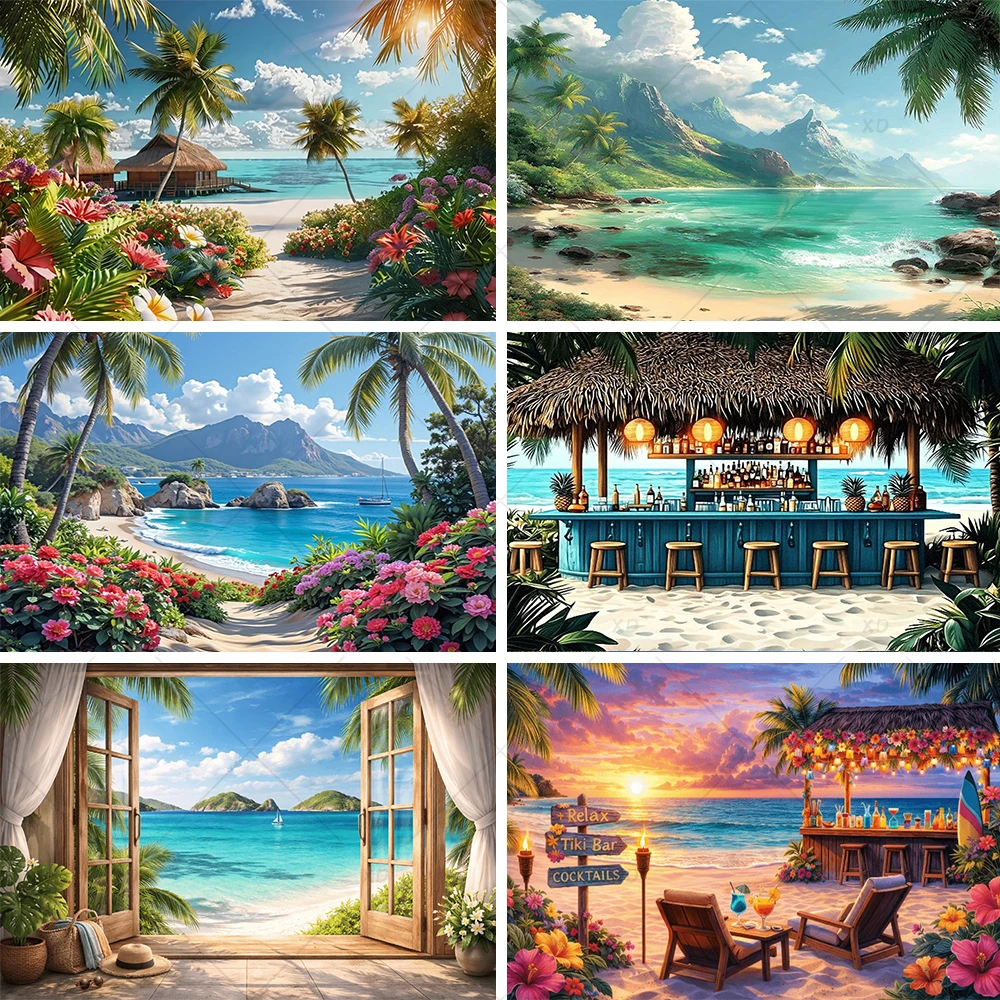 Tropical Beach Palm Tree Backdrop Ocean Island Tiki Bar Hawaii Landscape Photography Background Summer Party Decoration Banner