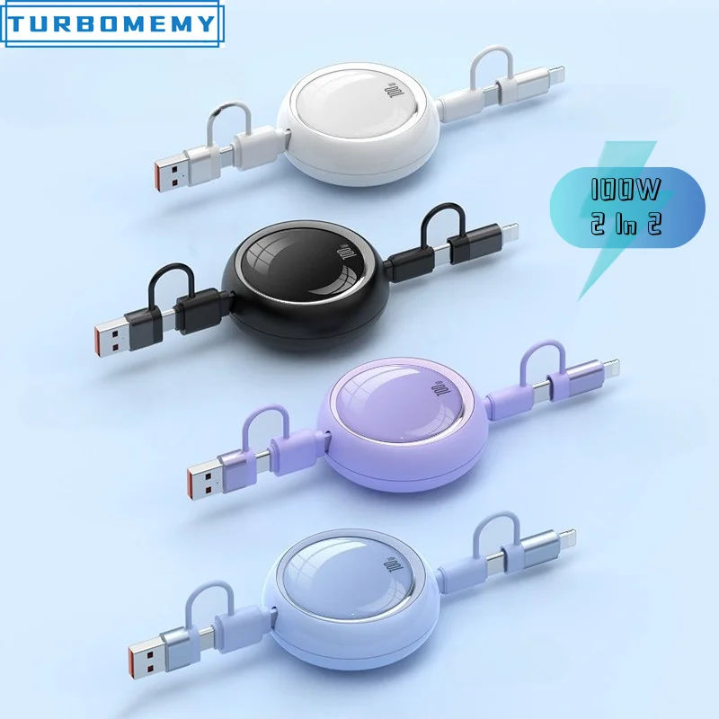 100W Retractable USB Type C Cable Fast Charging USB A To Type C Data Cable for  Iphone Samsung Xiaomi Mobile Phone Wire