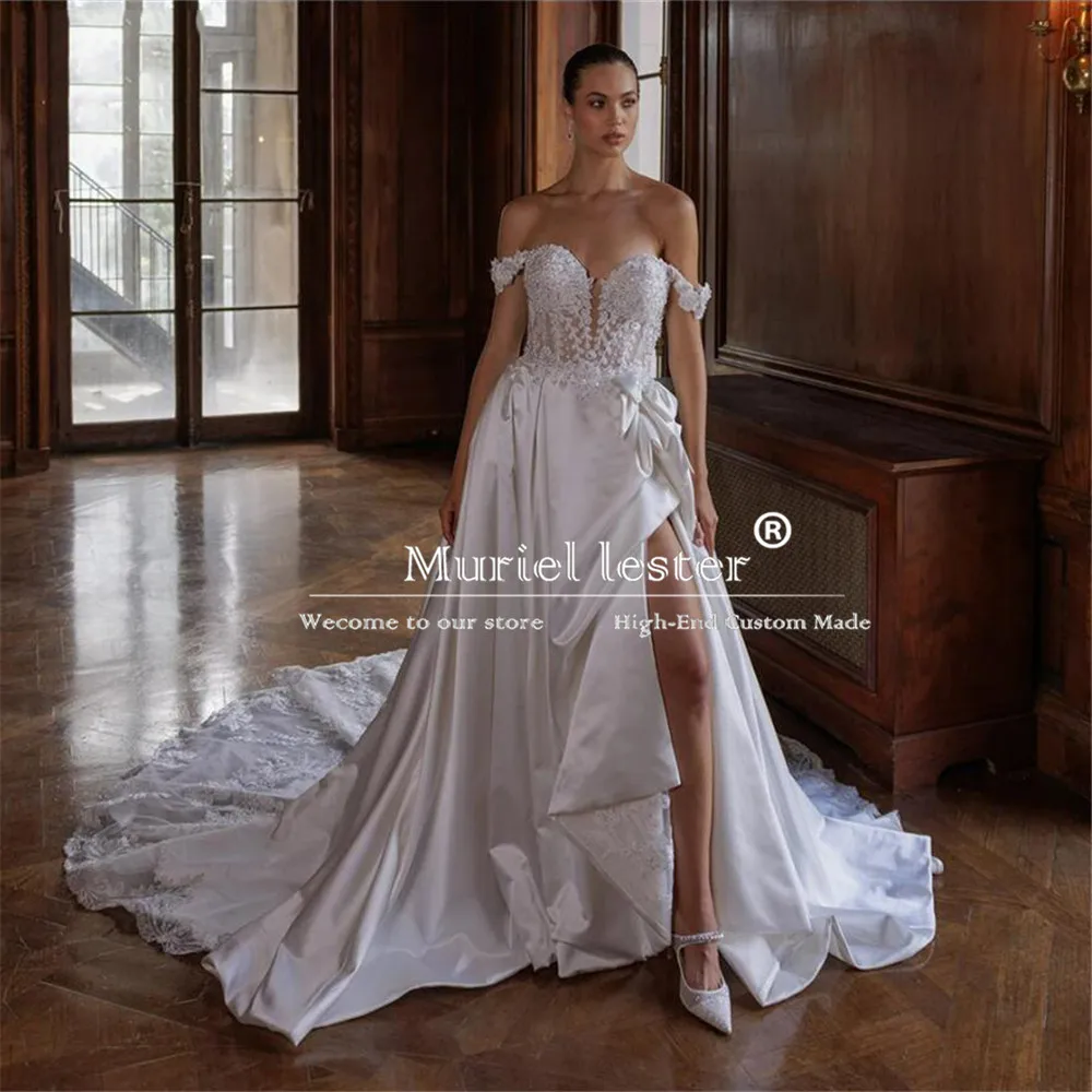 Exquisite High Split A Line Bridal Gowns Customized Off Shoulder Lace Appliques Beaded Sweetheart Bride Marriage Party Dress