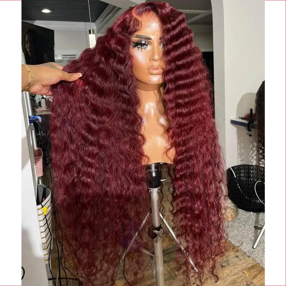 

99j Кудрявый Мягкий Длинный Бордовый 26 Дюймов 180 Плотность Бесклеевой Синтетический Парик Фронта Шнурка 13*6 Для Чернокожих Женщин Детские Волосы Предварительно Сорванные