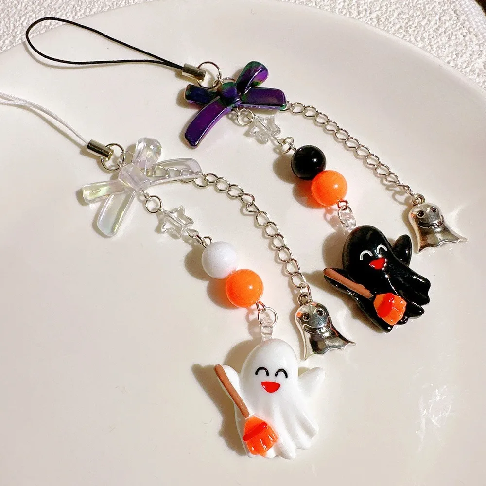 Halloween Bowknot Ghost Pendant Pearl Beads Phone Anti-lost Lanyard Girls Phone Short Strap Cute Hanging Rope Charms Straps