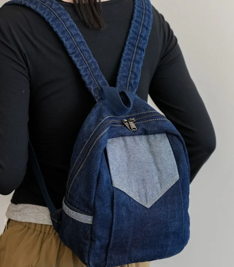 Embroidered New Denim Backpack With Any Name,Customized Fashionable Contrasting Color Commuting Leisure Outdoor Travel Bag