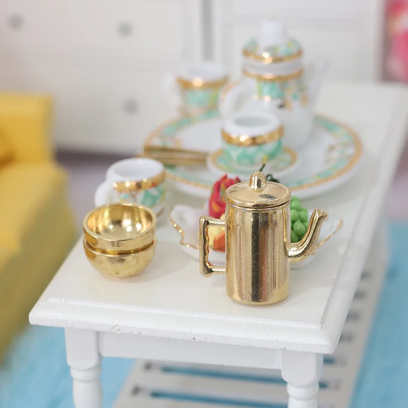 Miniature Dollhouse Accessories Metal Teapot Bowls Chopsticks Mini Tea Set for Dolls