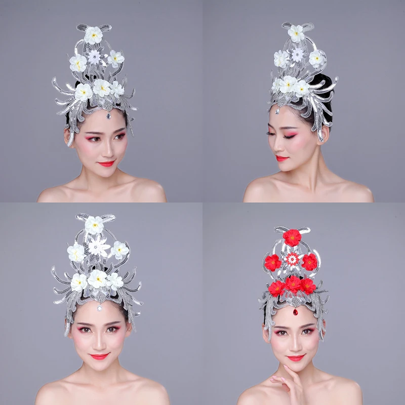 Dance Elegant Veil Brim Hats Headdress Show Stage Performance Costume Hair Accessories Women Yangko Folk Dance Hair Flowers