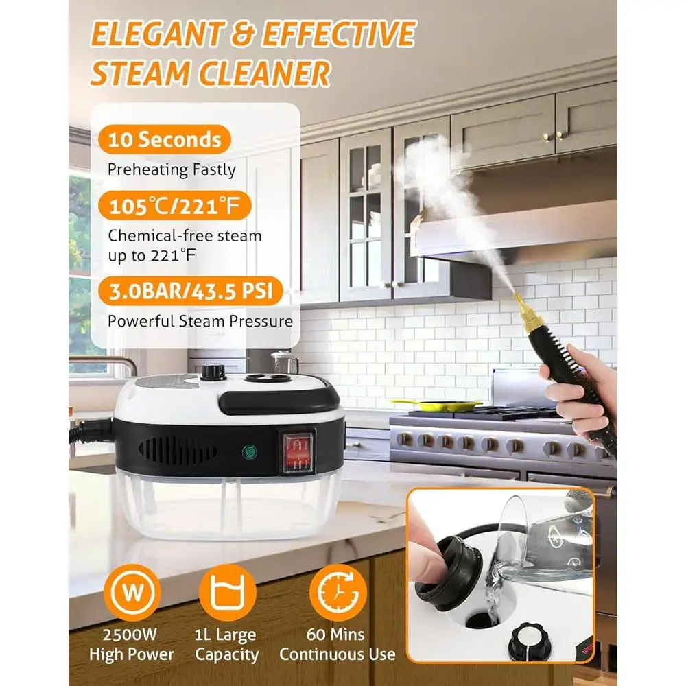 High Pressure Steam Cleaner 2500W Portable Handheld Steamer 105°C Multi Purpose Auto Detailing Machine with 3 Brush Heads