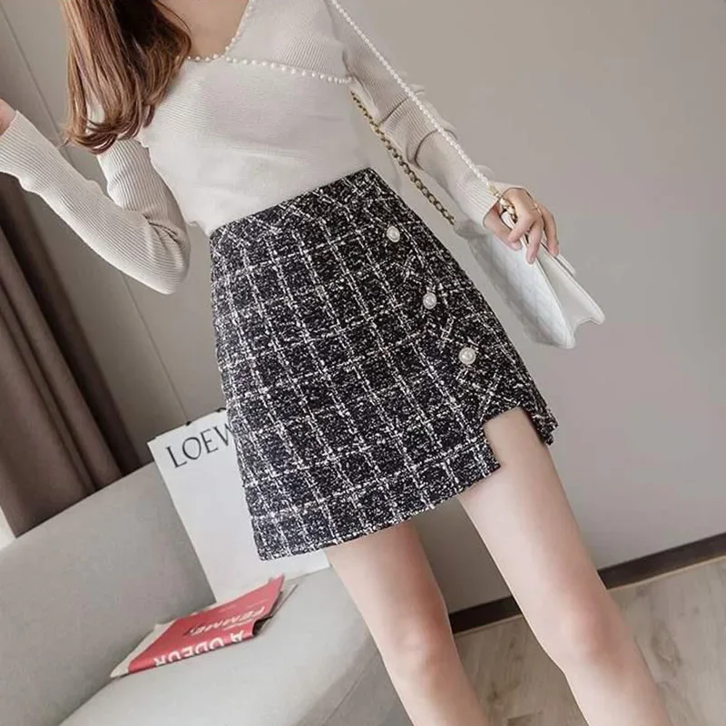 Vintage Plaid Tweed Skirt Women Korean High Waist Office Mini Skirts Ladies Fall Winter Thicken Zip A-line Wool Skirt