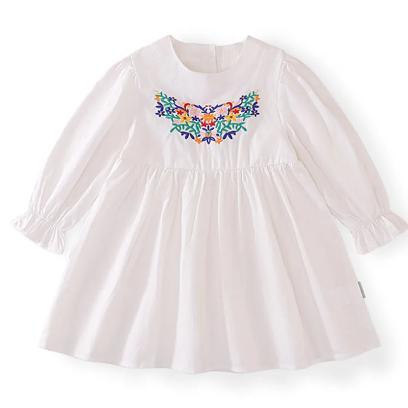 White Toddler Dresses For Little Girls Floral Embroidered New 2025 Spring Long Sleeve Dress For Girls 2 3 4 5 6 7 8 9 10 Years