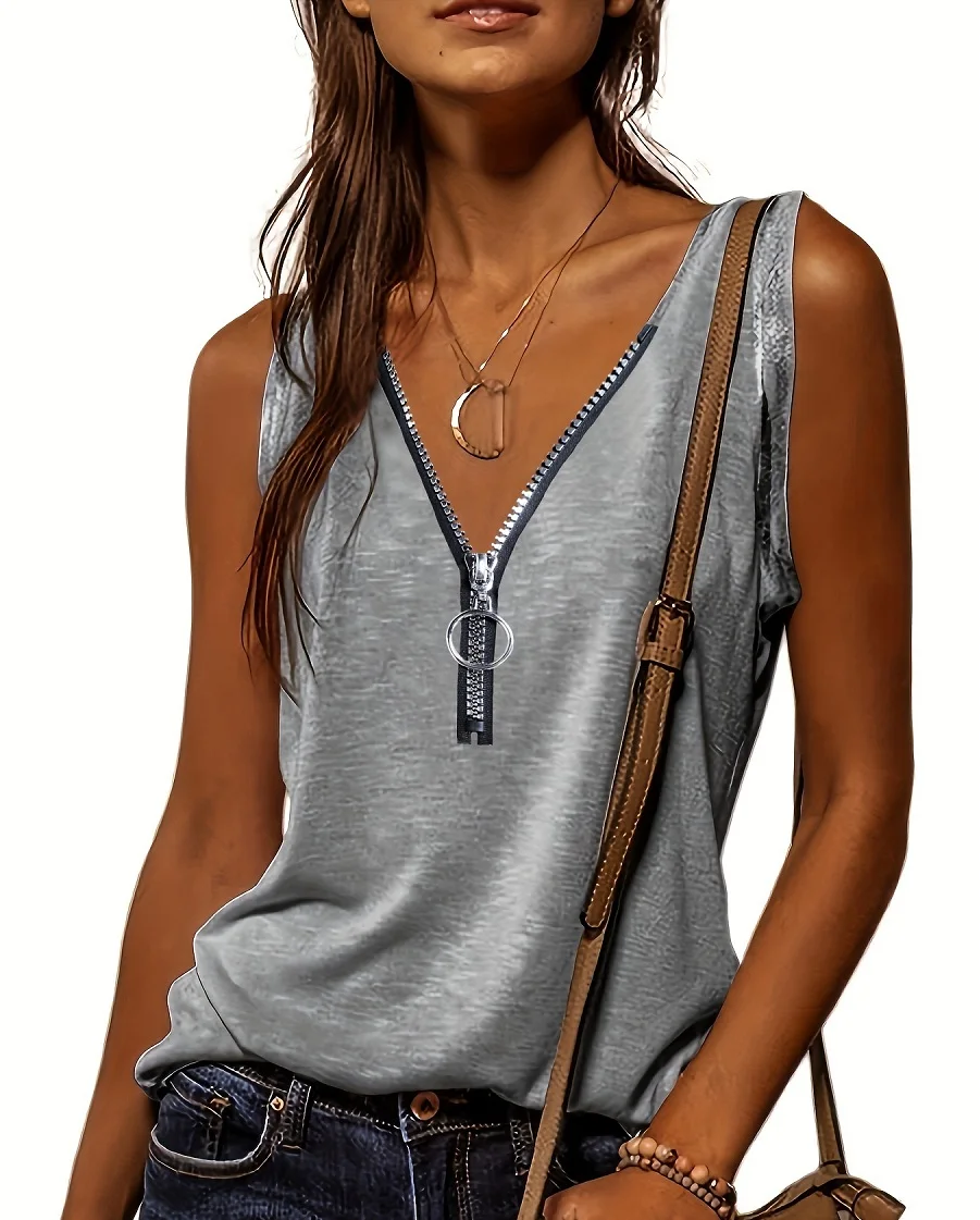 Women\'s Zipper V Neck Tank Top Fashion Solid Color Casual Sleeveless Half-Zip T-Shirts Summer Loose Fit Cami Tops Clothing