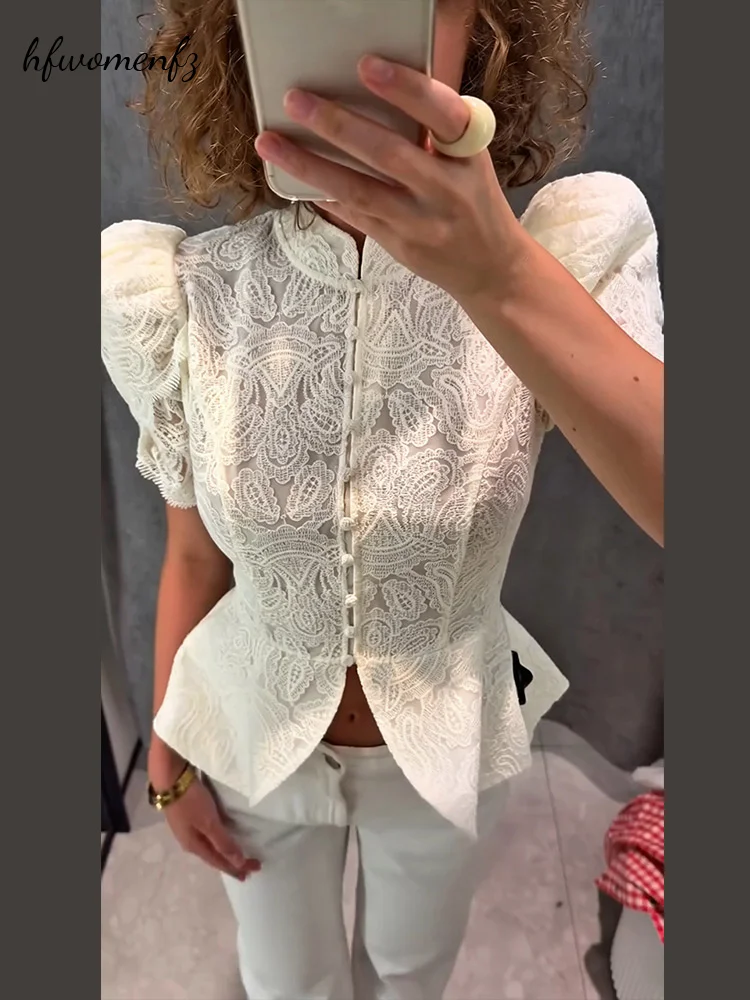 Elegant Women's Chinese Style Lace Shirt Stand Collar Puff Short Sleeve Single-breasted Waist Cinching Blouse 2026 Lady Slim Top