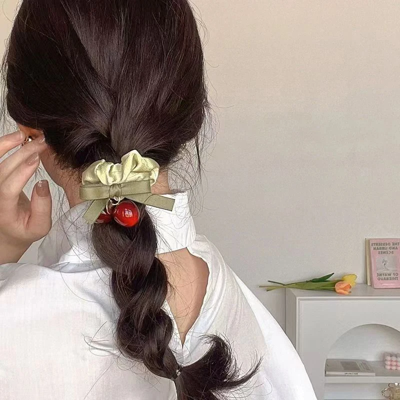 Cute Bow Ribbon Hair Clip Elegant Cherry Hair Clip For Women Girls Fashionable Hair Accessories Sweet Hair Rope Headdress