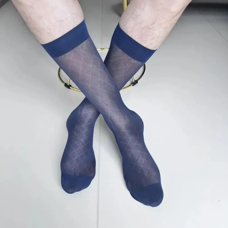 Mens Sheer Long Socks Sexy Soft Breathable Transparent Check Ultra Thin Formal Business Stockings Man Nylon Rhombus Dress Socks - view 4