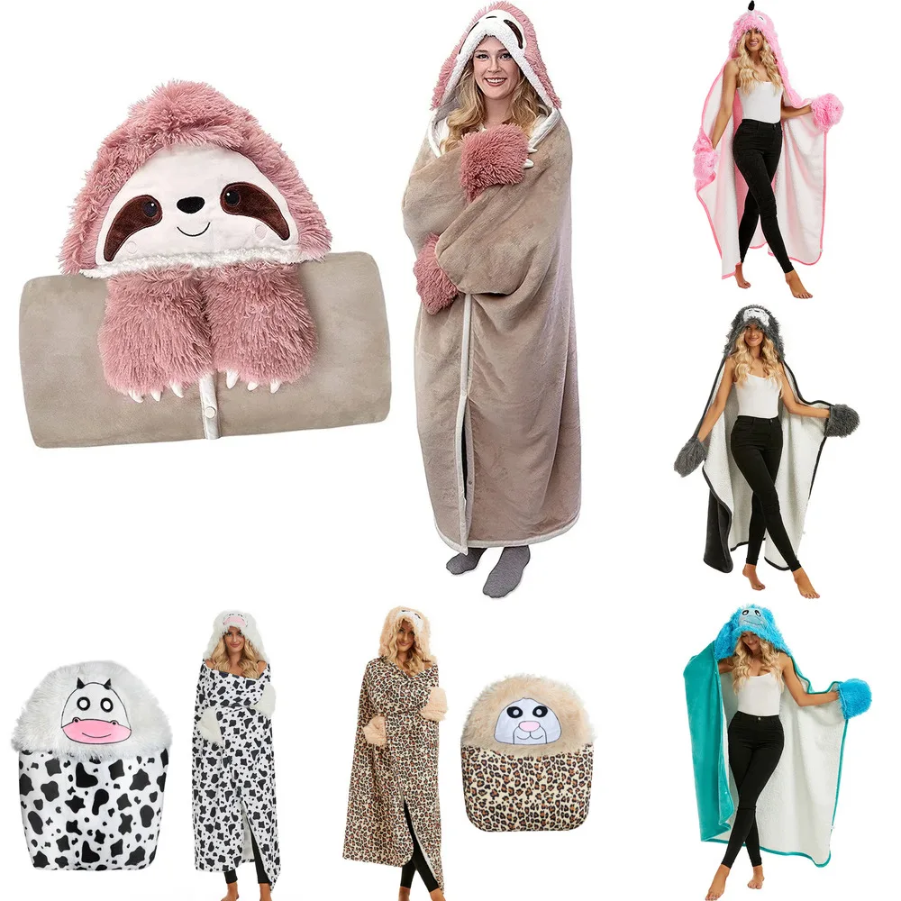 Cartoon Cute Animal Hooded Blanket with Gloves Lamb Velvet Soft Comfortable Flannel Wearable Winter Thicken Warm Home TV Blanket