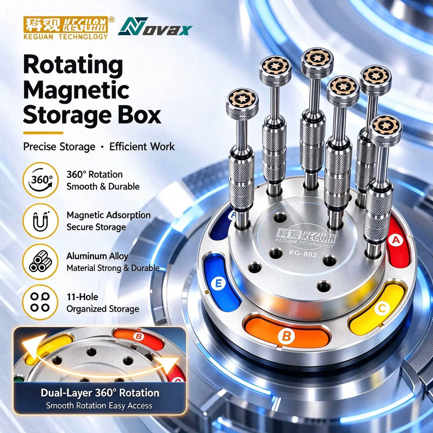 KEGUAN KG-802 360 ° Rotating Magnetic Storage Box, Multi hole Storage for Maintenance Workbench Hardware Tools and Accessories