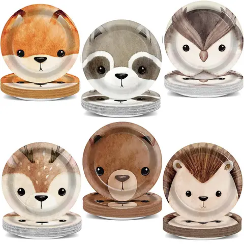 Cartoon Animal Party Supplies Forest Animal 7 Inch Plate Fox Bear Hedgehog Raccoon Owl Deer Paper Plate Baby Shower