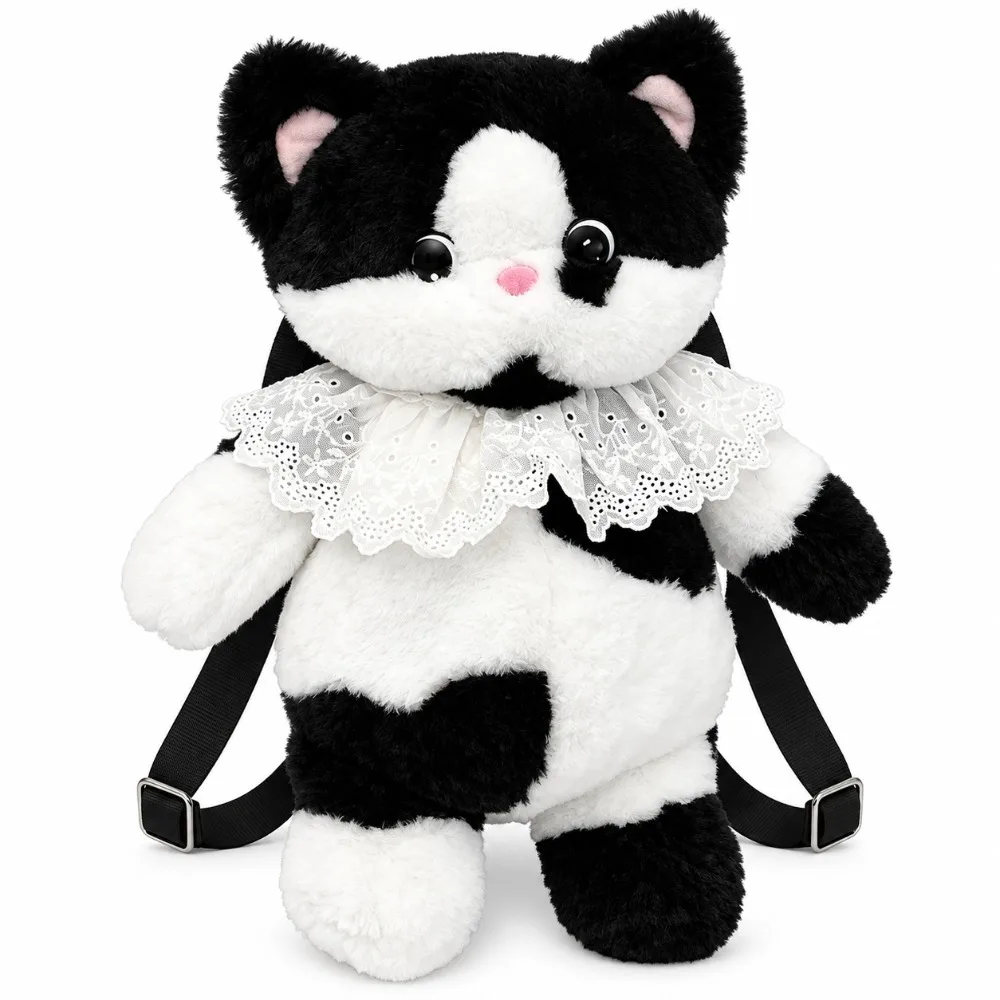 Black White Furry Cat Backpack Lightweight Adjustable Strap Cat Shoulder Bag Zippered Stuffed Animal Purse