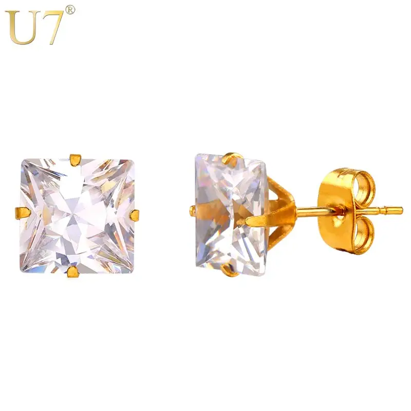 

U7 Women Earrings Gold Color Stainless Steel Crystal Square Stud Earrings 3pairs/Set Daily Jewelry Stackable Earring QC24