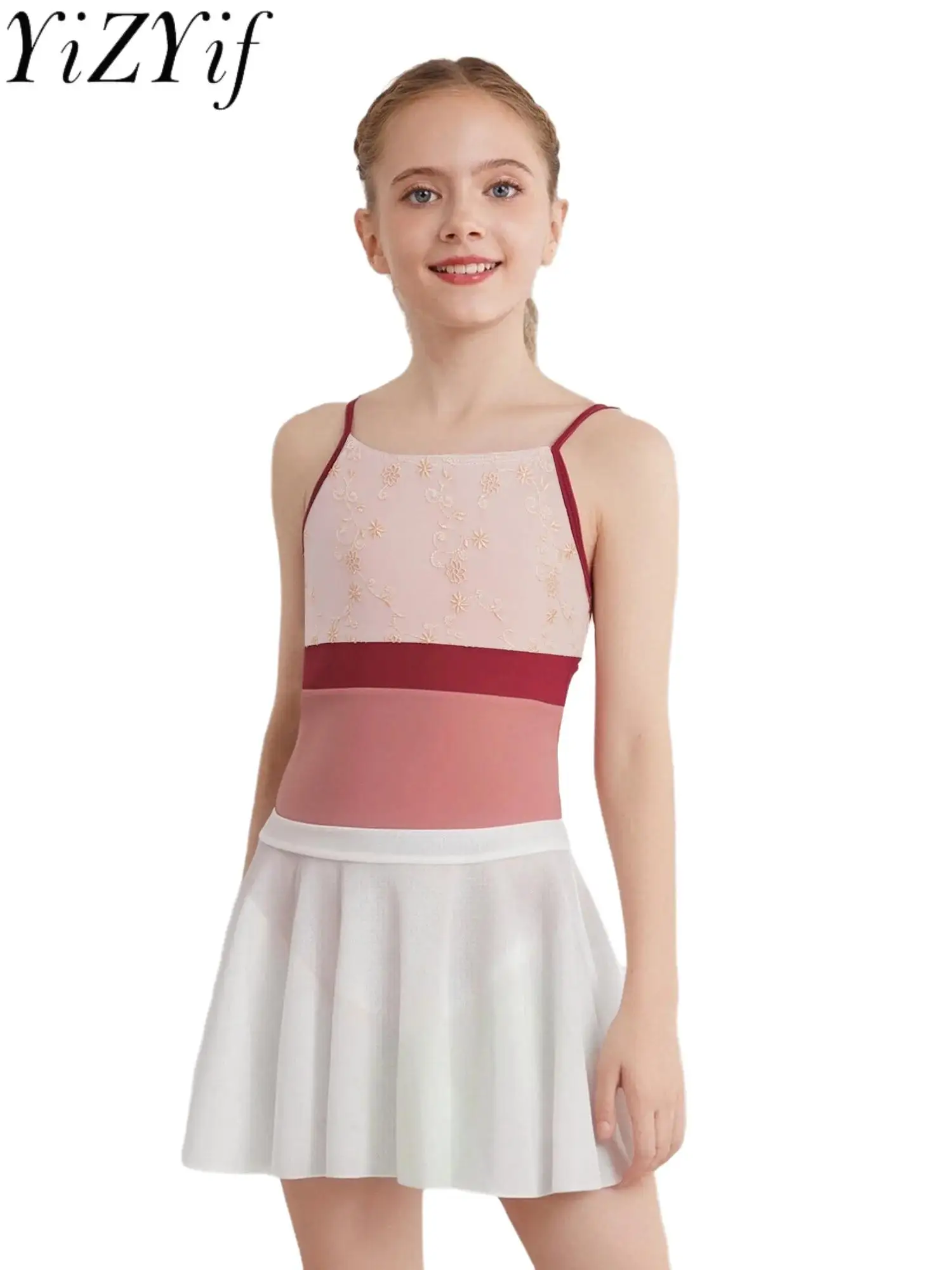 

Kids Girls 2-Piece Lyrical Ballet Dance Warm-up Outfits Sleeveless Floral Embroidery Leotard with Mesh Skirt Ballet Dance Wear