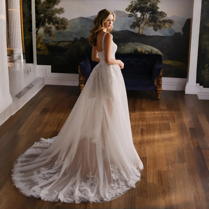 Square Neck Lace Sequin Wedding Dress Detachable Tulle Overskirt Mini A-Line Two-In-One Bridal Gown Customizable