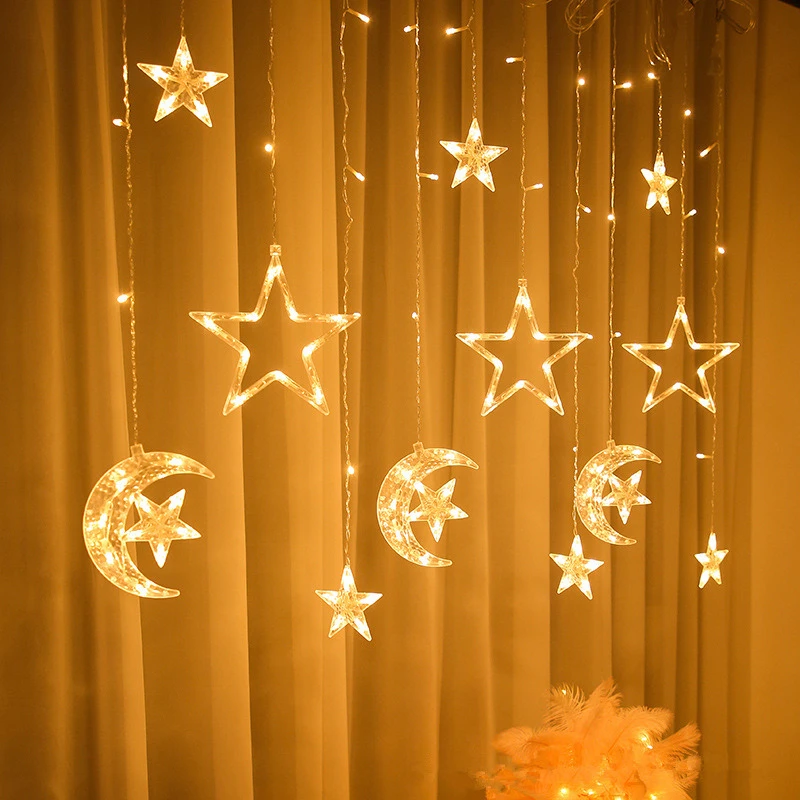 Star Moon LED Curtain Garland String Light, EID Mubarak, Decorações Ramadan para o Natal, Casa, Decoração do Evento Islã, Fontes do partido