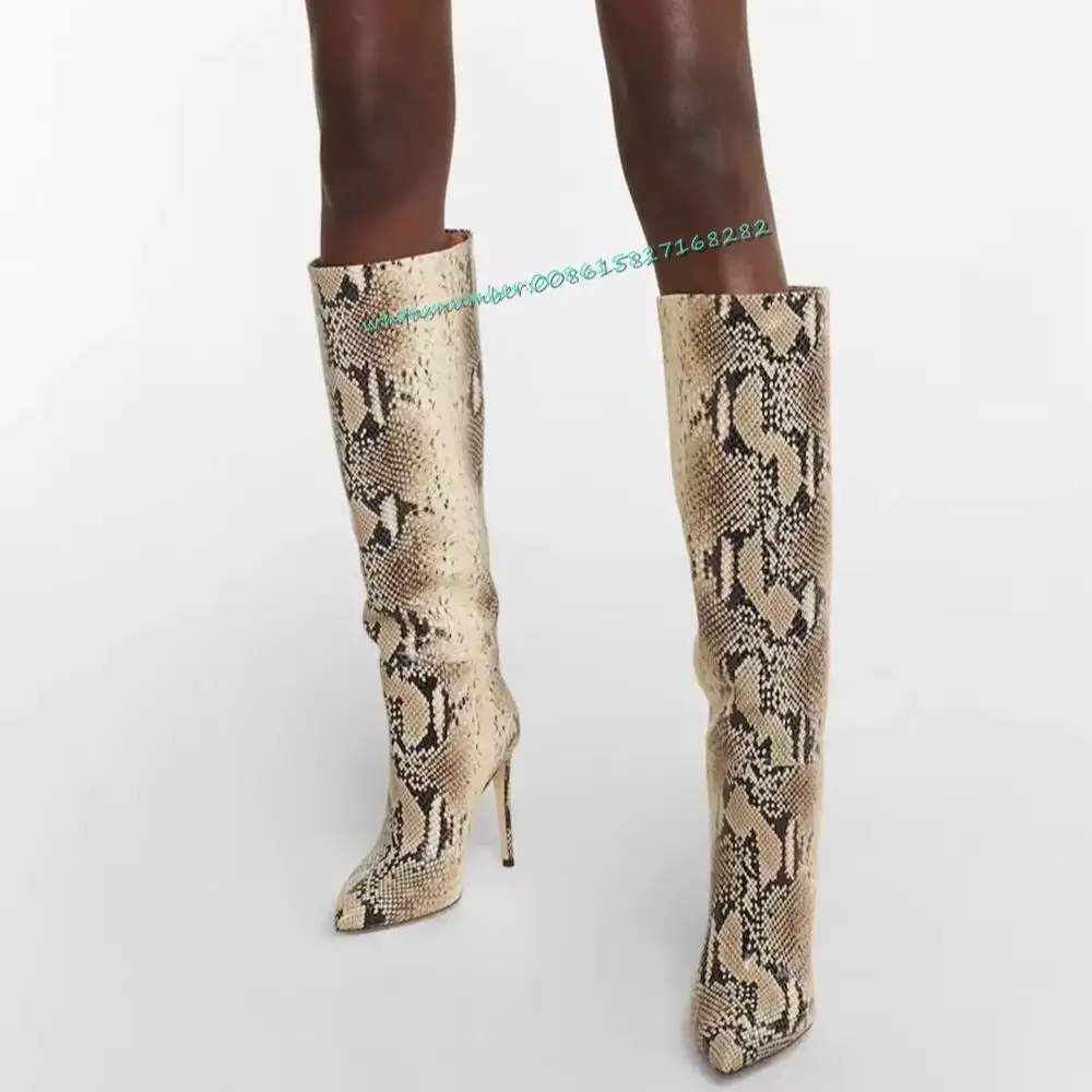 

Sexy Snake Skin Knee High Boots Stiletto Pointy Toe Modern Boots Runway Party Shoes for Women 2023 Autumn Winter Newest Fashion