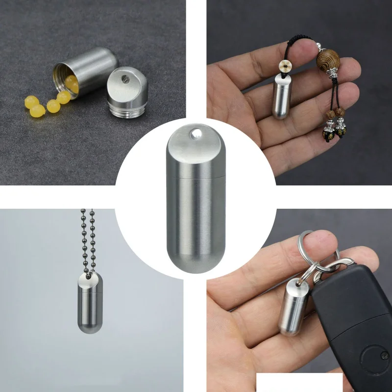 Stainless Steel Medicine Storage Bottle Waterproof Pill Case with Necklace Portable Keychain Travel Outdoor Tool Sealed Capsule