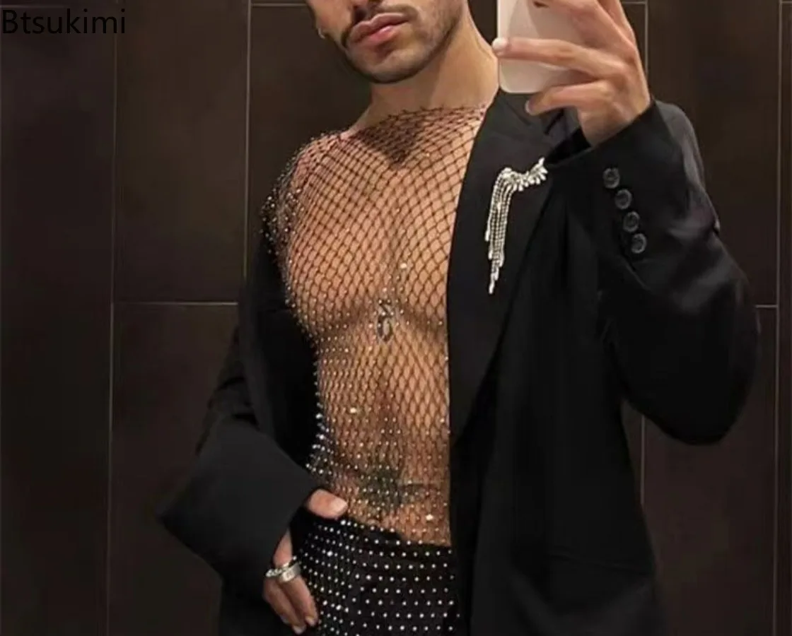 Sexy See Through Mesh T-shirts for Men Glitter Rhinestone Fishnet Hollow Out Tank Tops Male Rave Party Nightclub Tops Stage Wear