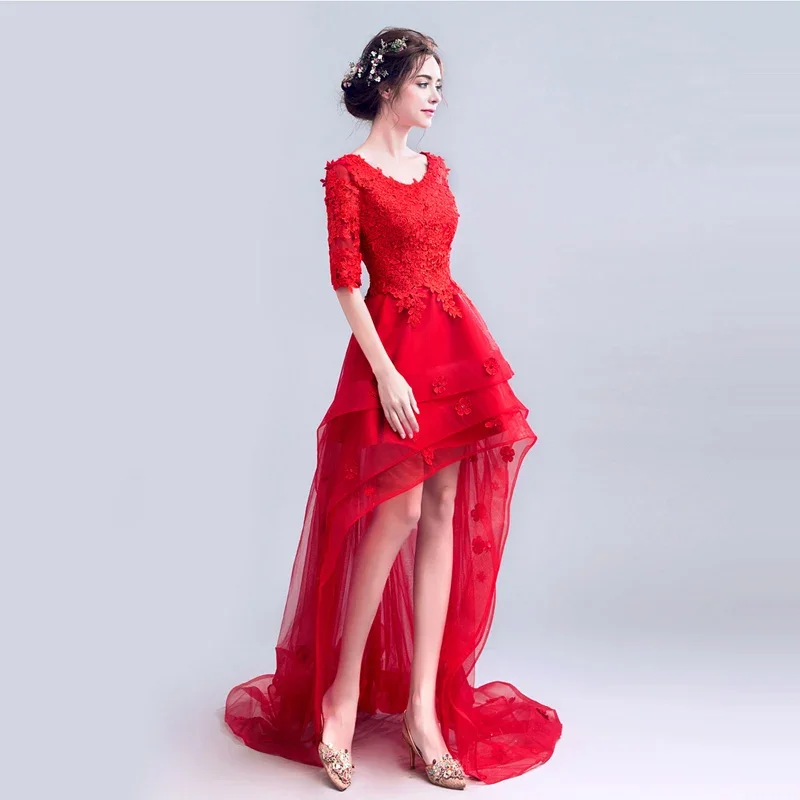 Het is YiiYa Aangepaste Avondjurk Rode Applicaties O-hals Halve Mouwen Lace up Hoog Laag Plus size Vrouw Party Formele Gown E202