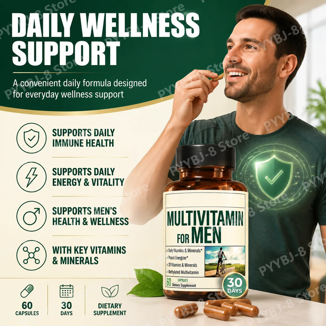 Multivitamin for Men Capsule Immune Health Support Contain Methylated Vitamins and Chelated Minerals Provide Body Energy 60count