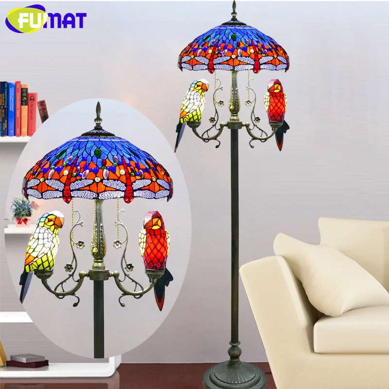 FUMAT Tiffany style stained glass European dragonfly parrot retro floor lamp for living room study bedroom lamp cafe LED decor