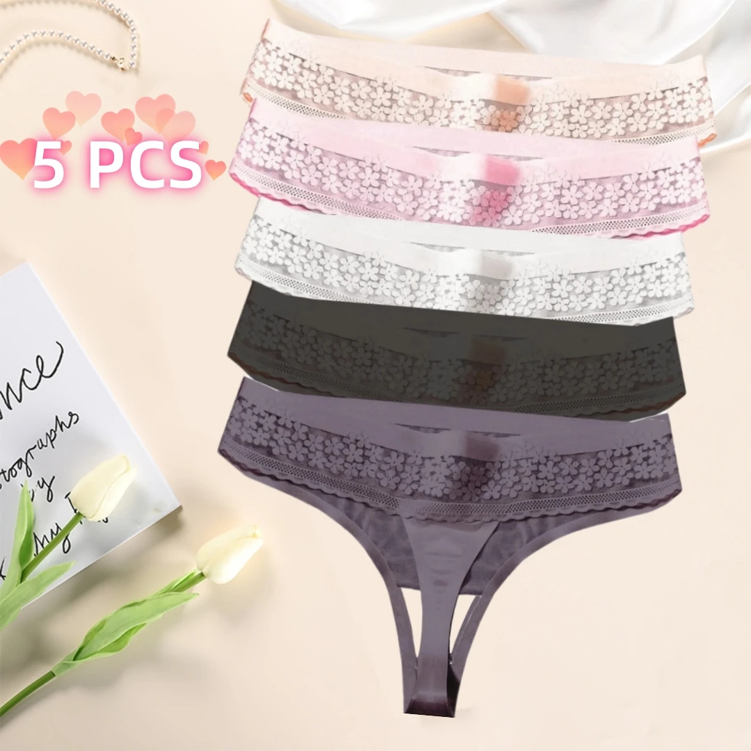 Sexy Lace Flower Students European and American Ultra-thin Ice Silk Tracks 5 Panties Women's G-string Women's Translucent