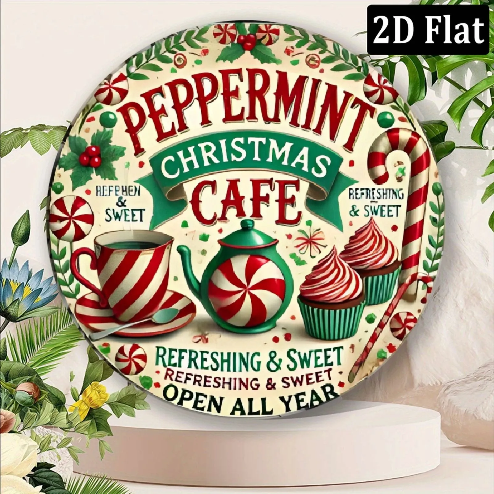 Vintage Peppermint Christmas Cafe Tin Metal Signs Home Décor 8x8 Inch Round Alum