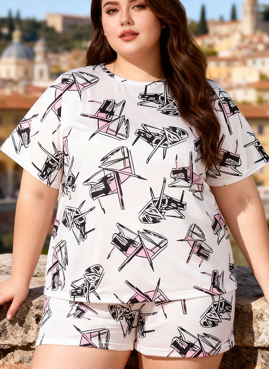 

Plus-size women's casual loose and comfortable short-sleeved T-shirt + shorts pajamas pajamas home wear set